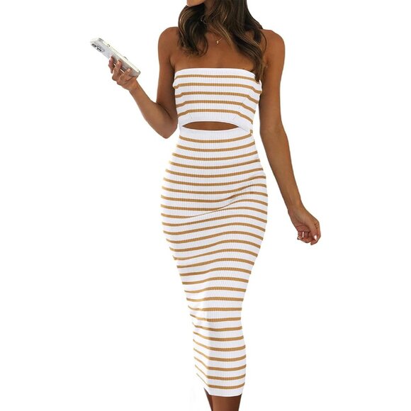 Womens Tube Top Bodycon Soft and StretchyMidi Dress